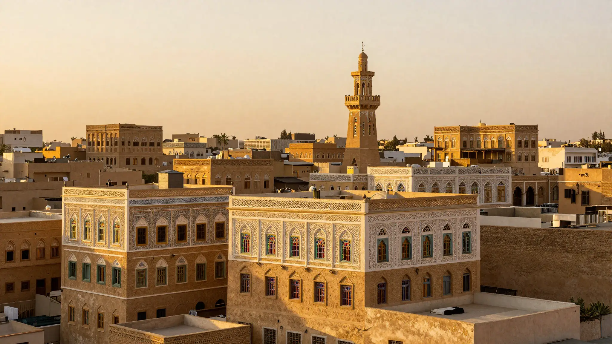 منظر لمدينة صنعاء القديمة عاصمة اليمن ببيوتها الطينية الشاهقة ونوافذ القمرية الملونة وقت الغروب